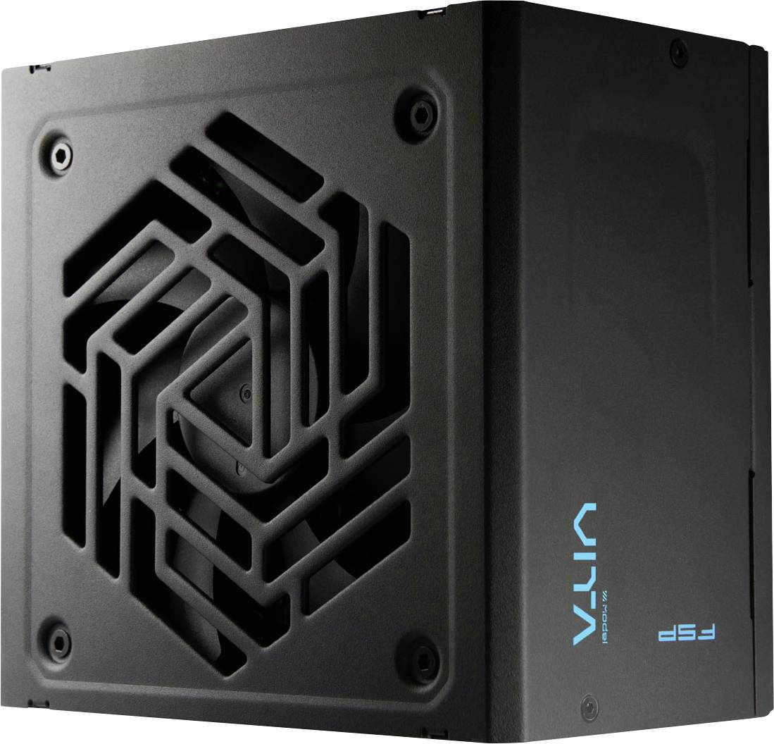 Un bloc d'alimentation pour ordinateur noir avec une grille de ventilateur au design géométrique et un logo 'FSP' sur le côté, indiquant une marque ou un modèle.
