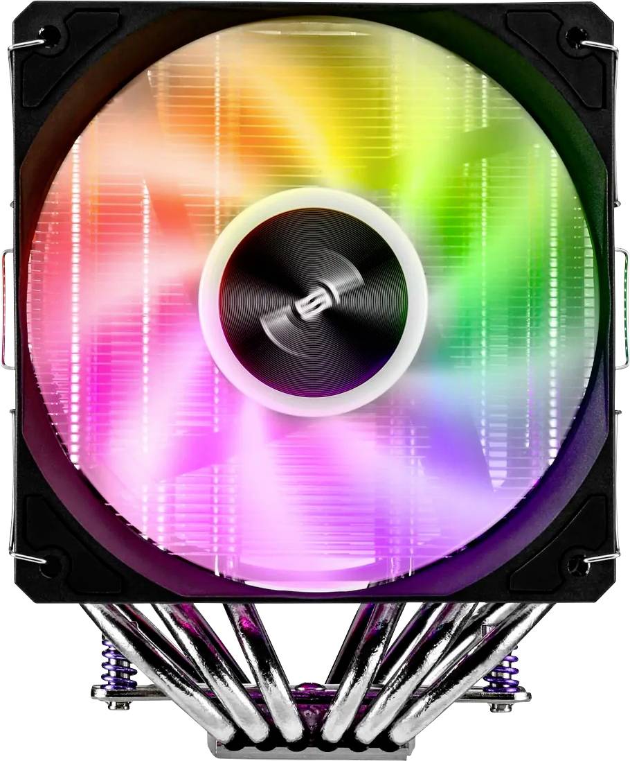 Un refroidisseur de CPU d'ordinateur avec éclairage RVB affiche un spectre de couleurs, avec un ventilateur central entouré de ailettes illuminées.