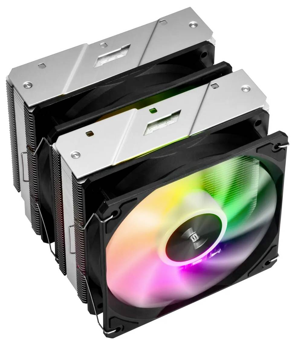 Un refroidisseur de processeur d'ordinateur avec trois ventilateurs éclairés par LED affichant un spectre de couleurs, monté entre des dissipateurs thermiques en métal pour un refroidissement efficace.