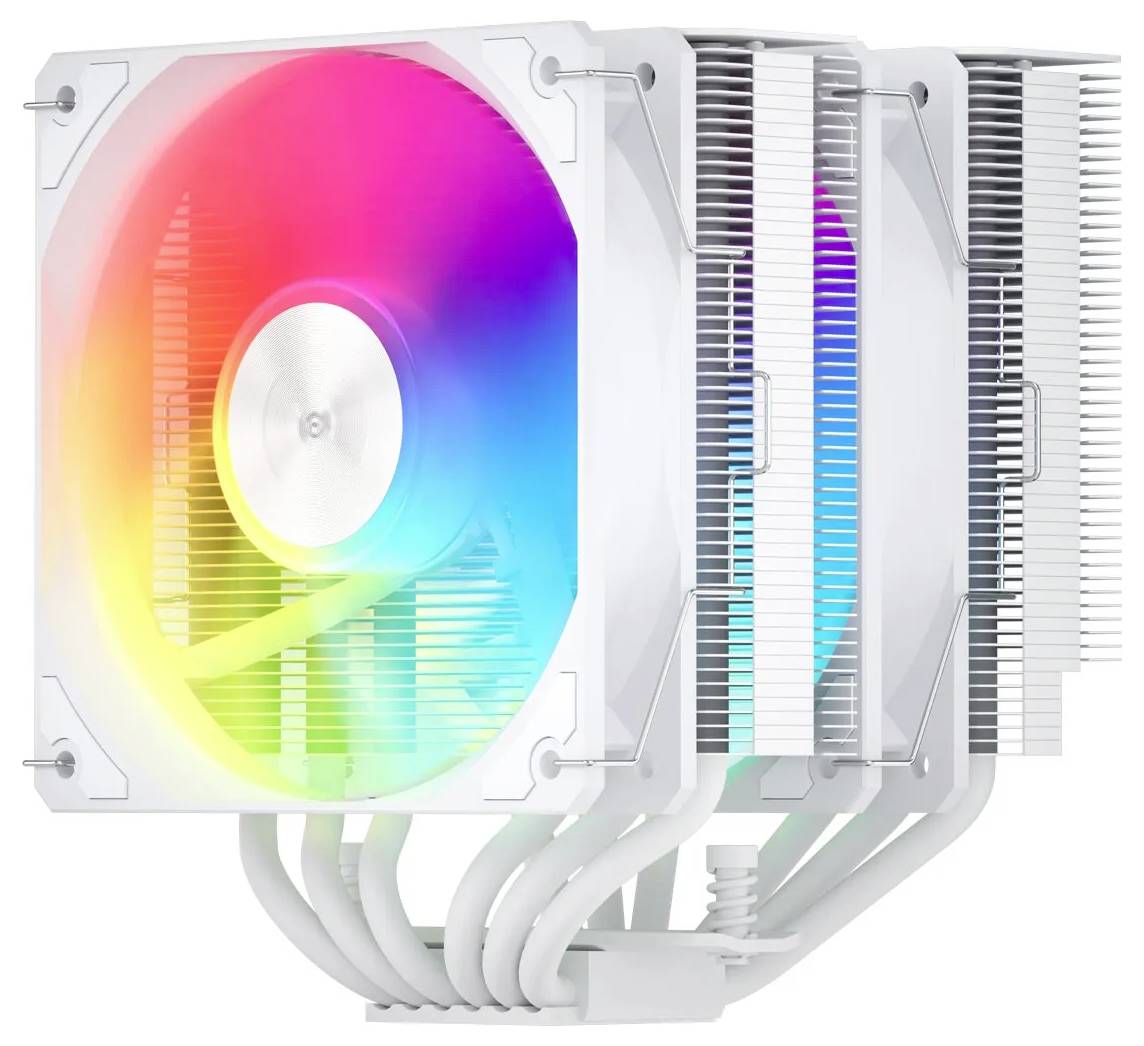 Un dissipateur thermique de processeur blanc avec un ventilateur RGB coloré et de multiples ailettes de refroidissement conçu pour un refroidissement efficace.
