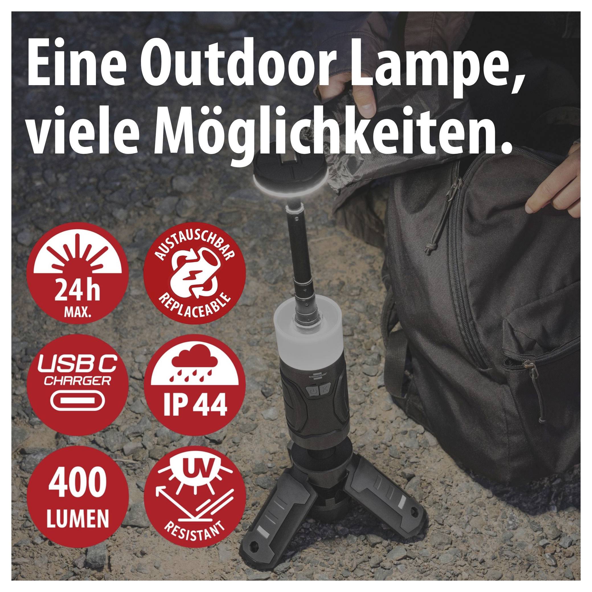 Publicité pour une lampe de jardin avec trépied ; mention de 24h max., interchangeable, chargeur USB-C, IP44, 400 lumens et résistante aux UV.