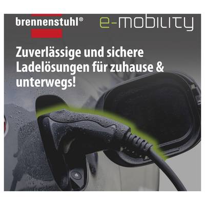 Graphique publicitaire de brennenstuhl e-MOBILITY avec câble de recharge pour automobile au véhicule et le texte : « Des solutions de recharge fiables et sécurisées pour la maison et en déplacement ! »