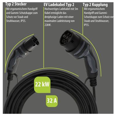 Comparaison des câbles de recharge EV Type 2 avec connecteur et prise ; câble de 5 m, 22 kW, 32 A, poignée ergonomique, capuchons de protection en caoutchouc, IP55.