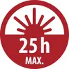 Panneau d'avertissement circulaire rouge avec une icône de soleil et le texte « 25H MAX. » indiquant une durée maximale de 25 heures.