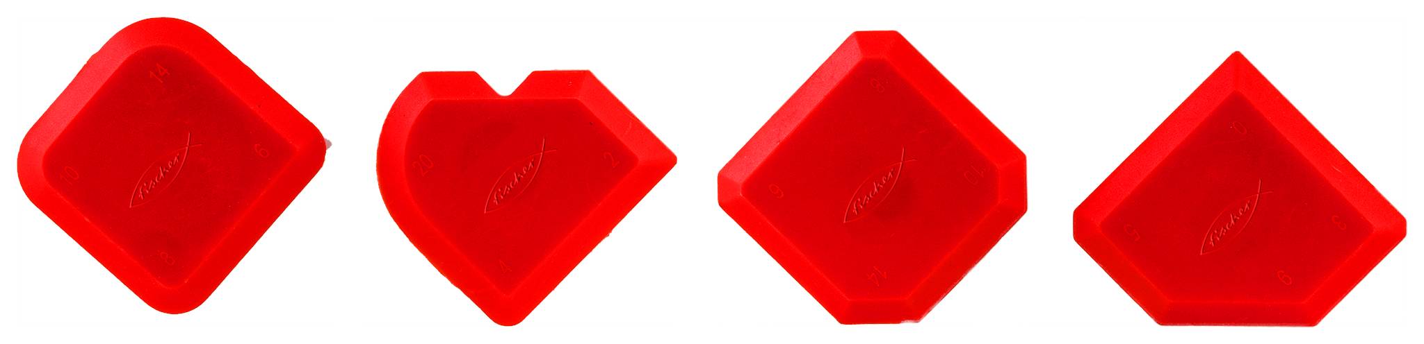 Quatre formes géométriques rouges disposées en rangée : un carré arrondi, une forme en cœur, un octogone et un losange.