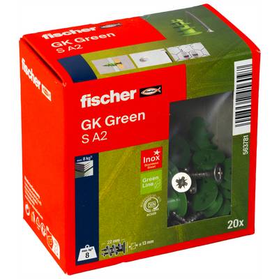 Paquet de chevilles murales fischer GK Green S A2, pack de 20, présenté dans une boîte rouge et verte avec fenêtre produit et vis visibles.