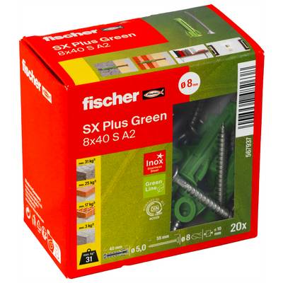 Boîte de chevilles murales Red Fischer étiquetée « fischer SX Plus Green 8x40 S A2 », contenant 20 chevilles vertes et vis visibles à travers une fenêtre transparente.