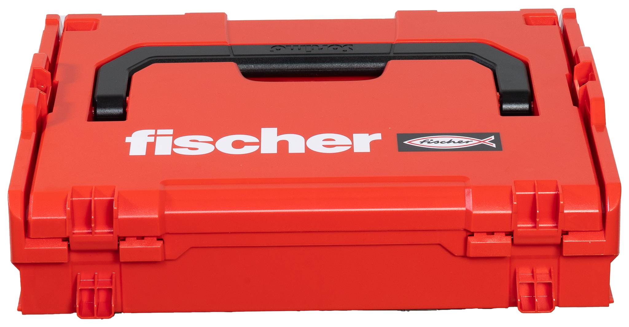 Boîtier de transport en plastique rouge avec poignée noire et logo « fischer » sur le couvercle.