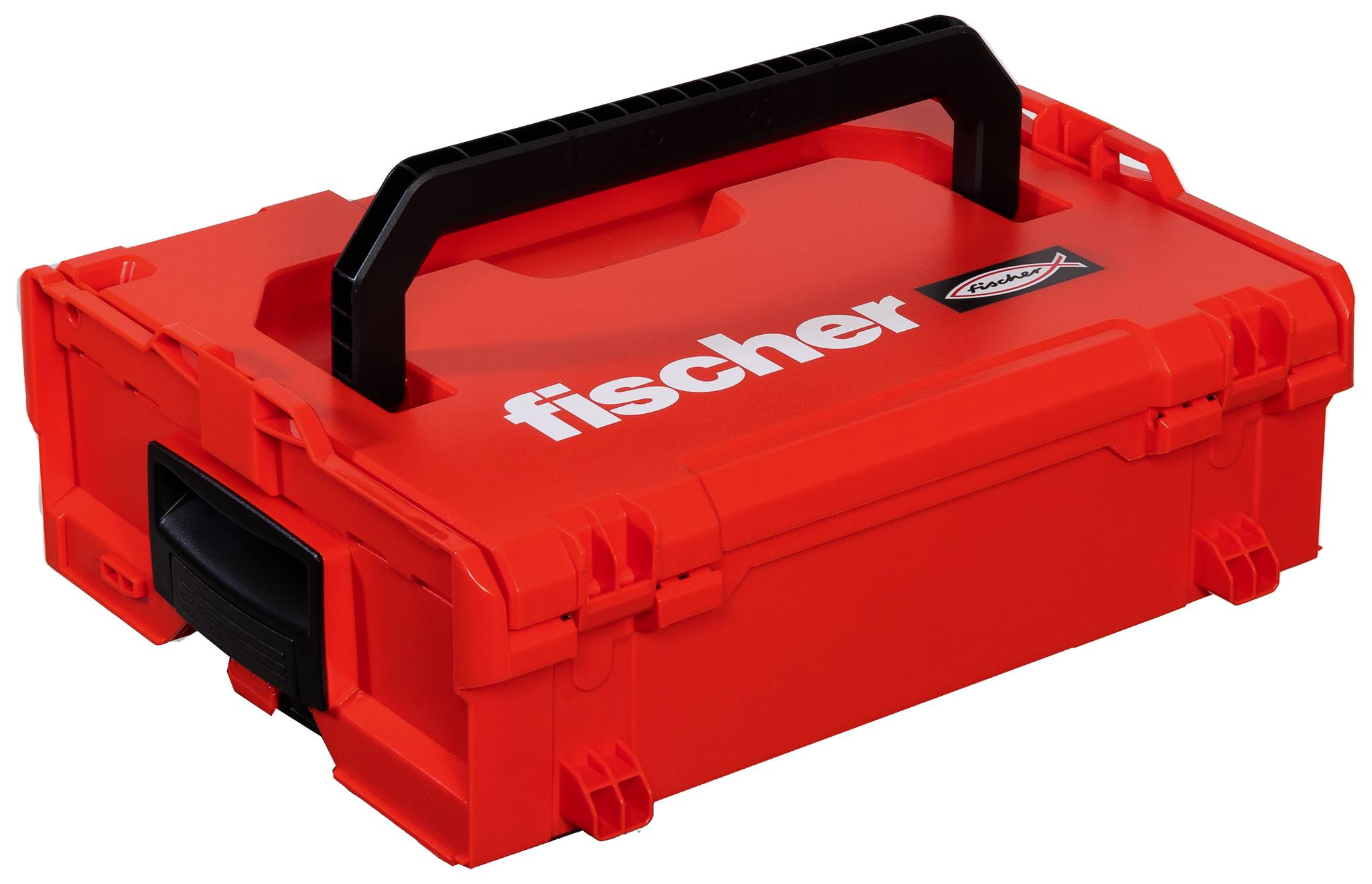 Mallette de transport en plastique rouge avec poignée noire et fermoirs, portant l'étiquette « fischer ».