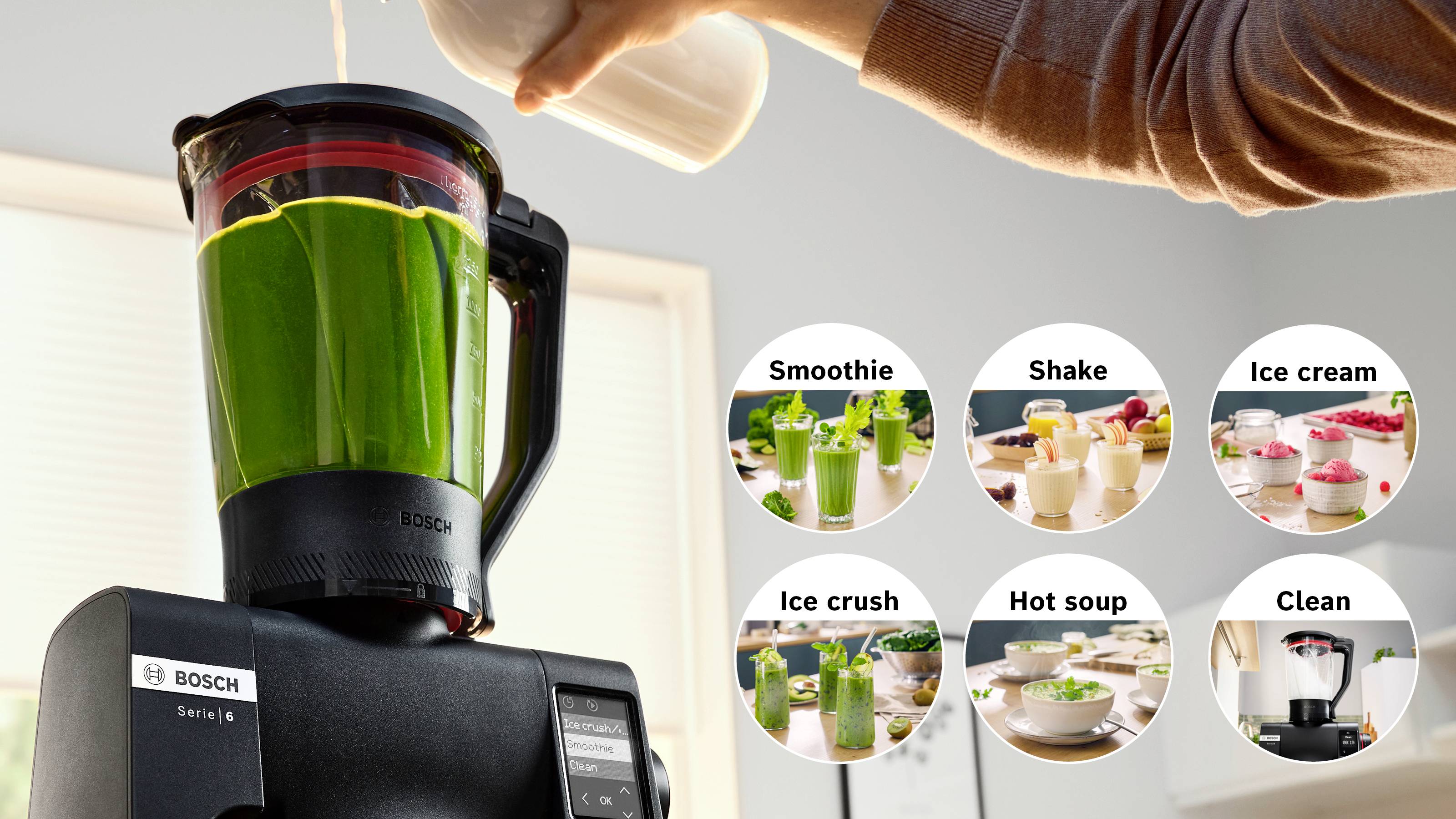Un mixeur Bosch prépare un smoothie vert. Des encarts circulaires présentent différentes fonctions : Smoothie, Milk-shake, Glace, Concassage de glace, Soupe chaude, Nettoyage.