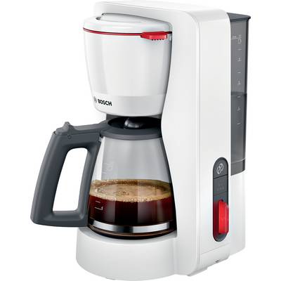 Cafetière à goutte blanche et grise avec carafe en verre à moitié remplie de café, munie d'un indicateur de niveau d'eau visible et d'un bouton de démarrage rouge.