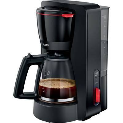 Cafetière à café noir avec une carafe en verre à moitié remplie de café, dotée d'un bouton marche/arrêt rouge et d'un indicateur de niveau d'eau sur le côté.