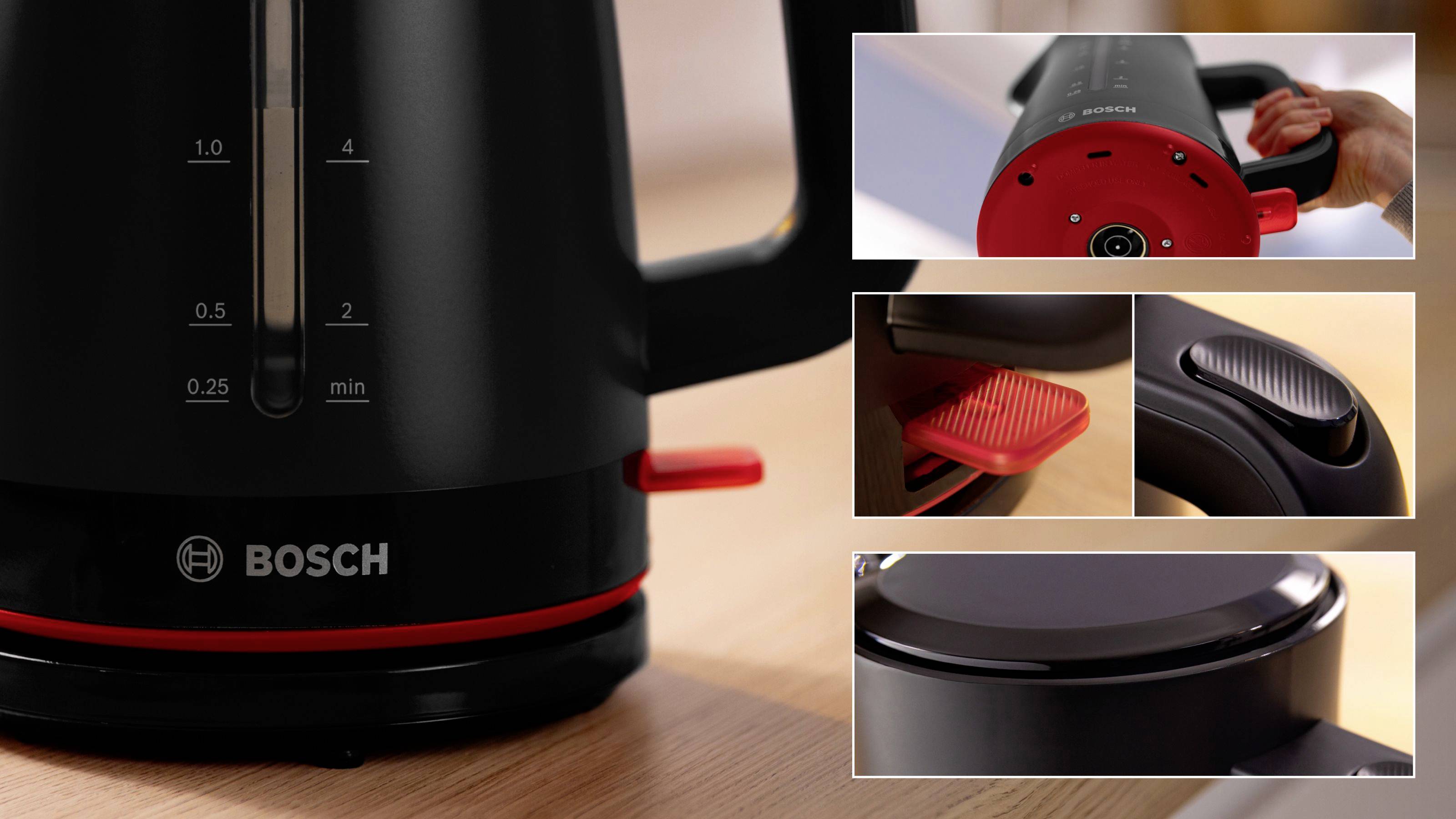 'Bouilloire Bosch au design moderne avec des accents noirs et rouges. Caractéristiques comprenant un indicateur de niveau d'eau, une poignée ergonomique et un couvercle sécurisé.'