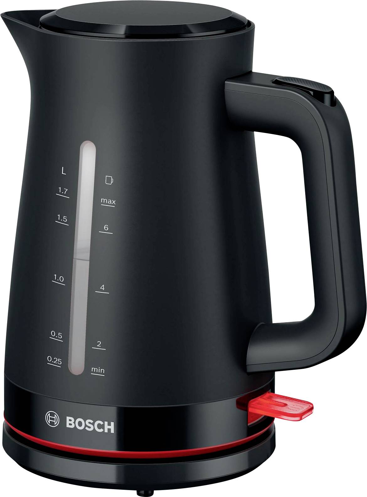 Une bouilloire électrique noire avec un interrupteur rouge, affichant des graduations de niveau d'eau de 0,25 à 1,7 litres, portant la marque 'BOSCH' à sa base.
