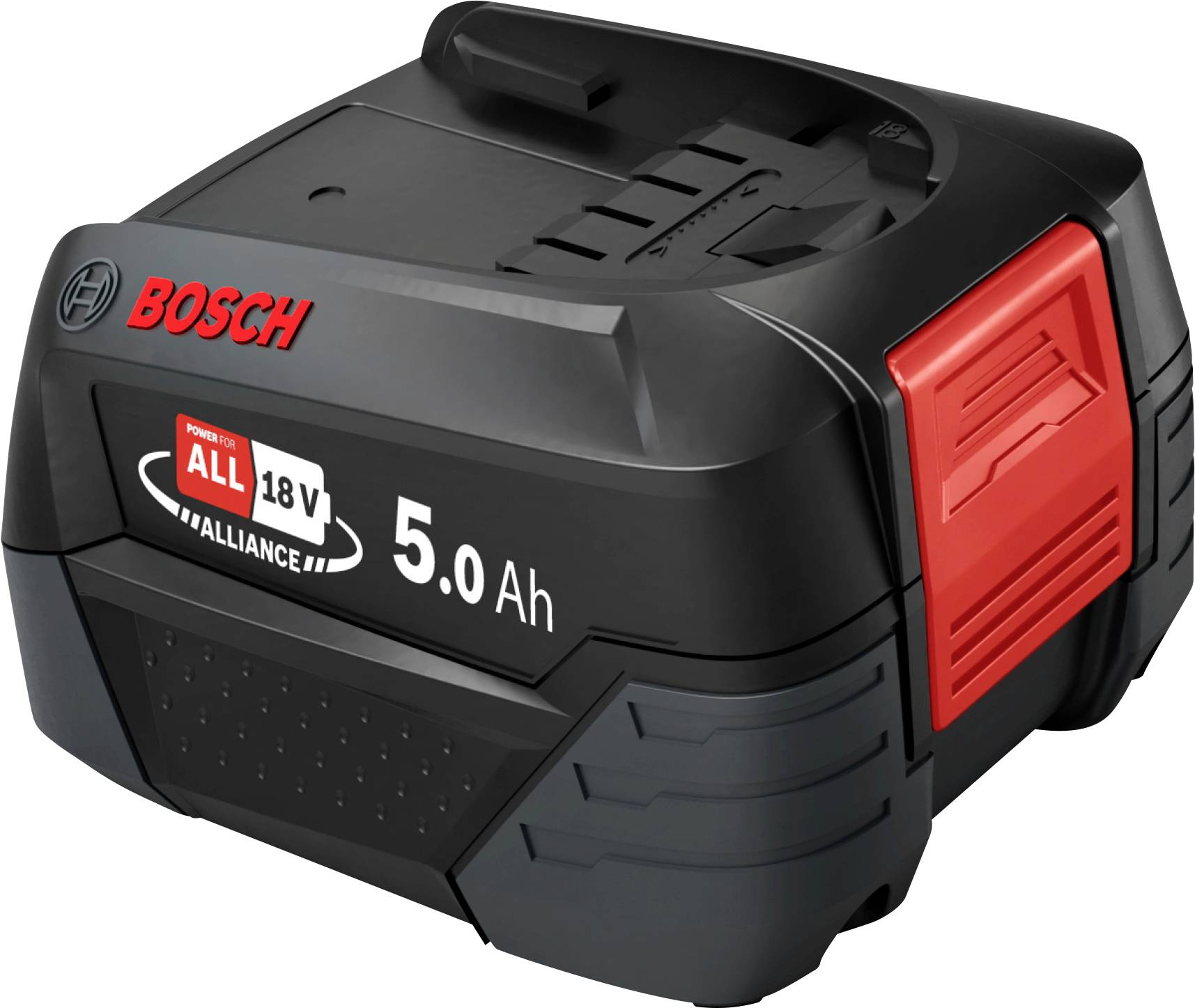 « Batterie Bosch 18V 5,0 Ah, noire avec des touches rouges, logo Power For All Alliance. »
