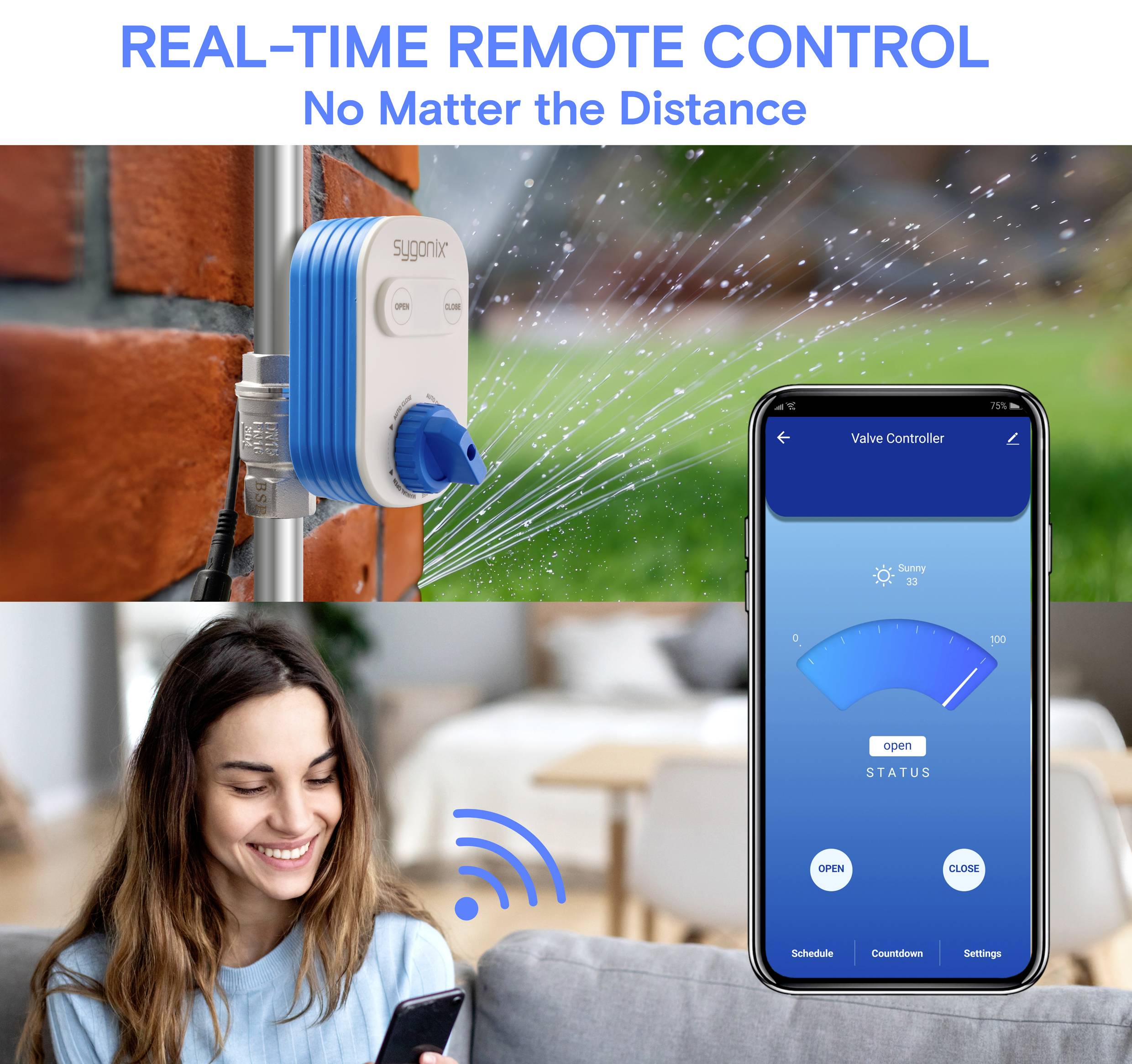 La « télécommande en temps réel » démontrée avec un dispositif intelligent arrosant un jardin. Une femme utilise son smartphone, affichant une application de contrôle de vanne.