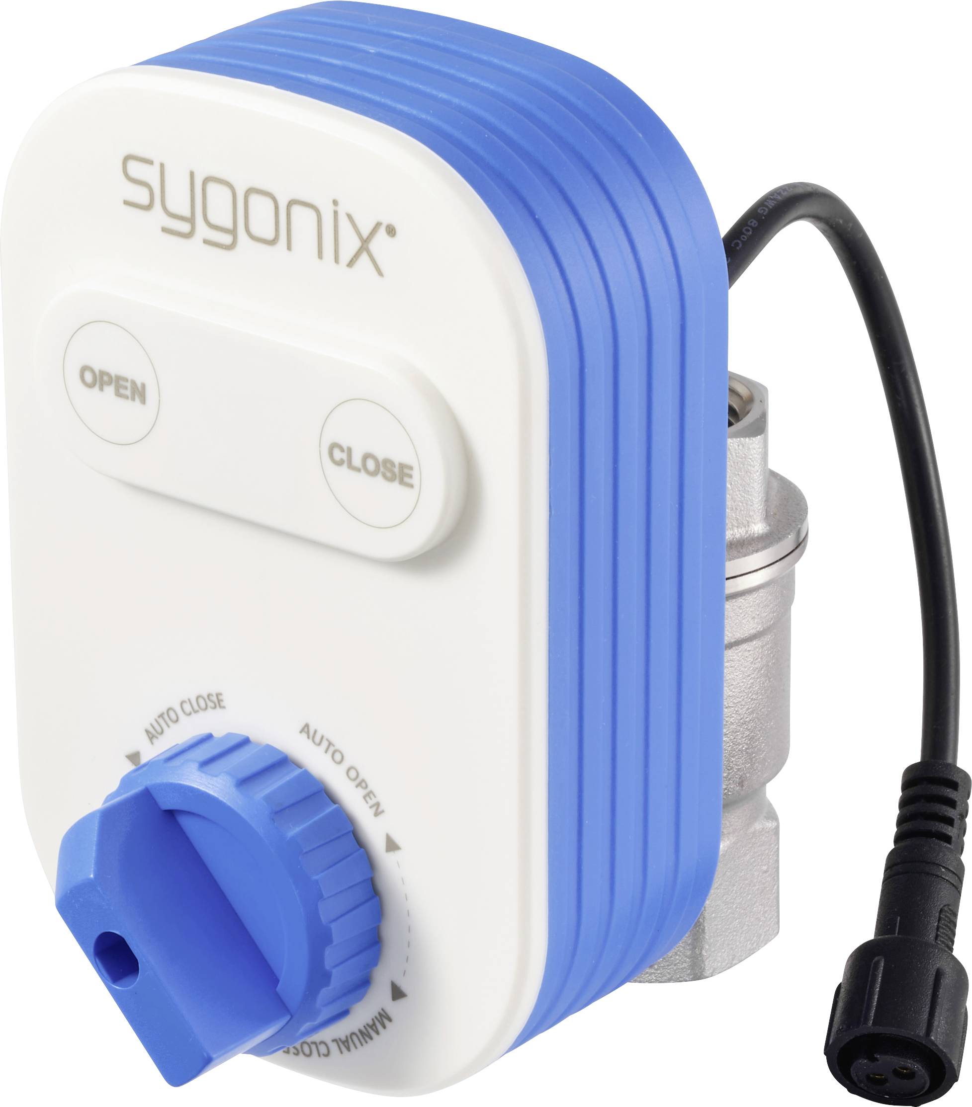 'Contrôleur intelligent de vanne avec bouton bleu, étiqueté sygonix. Comprend des boutons marche/arrêt et un interrupteur automatique/manuel. Câble noir attaché.'