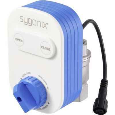 'Contrôleur intelligent de vanne avec bouton bleu, étiqueté sygonix. Comprend des boutons marche/arrêt et un interrupteur automatique/manuel. Câble noir attaché.'