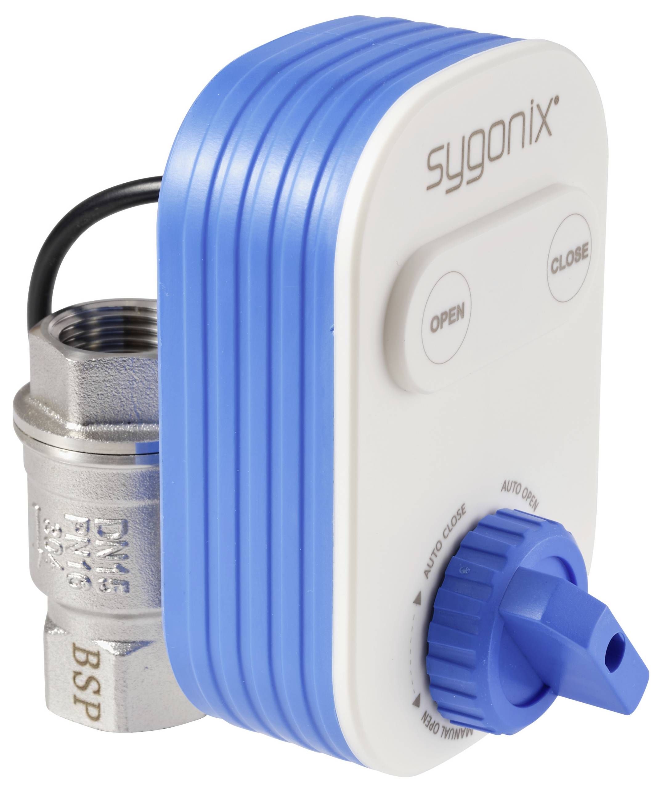 Contrôleur de vanne intelligent avec boîtier bleu et blanc étiqueté sygonix, doté d'un bouton réglable pour l'ouverture/fermeture automatique et deux boutons.