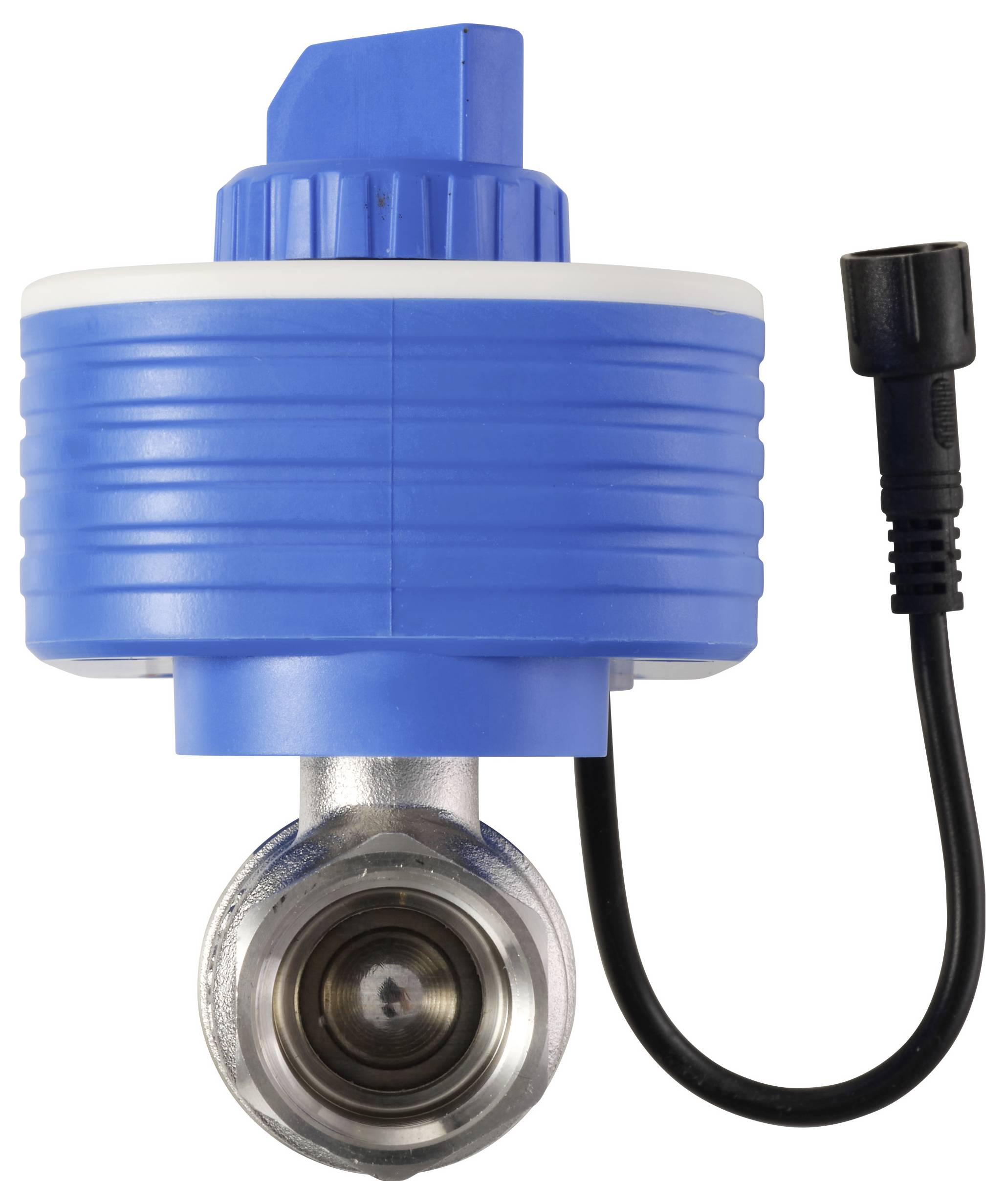 Un actionneur de vanne bleu avec un fil noir et un connecteur attaché, utilisé pour contrôler le débit d'eau dans les systèmes de plomberie.