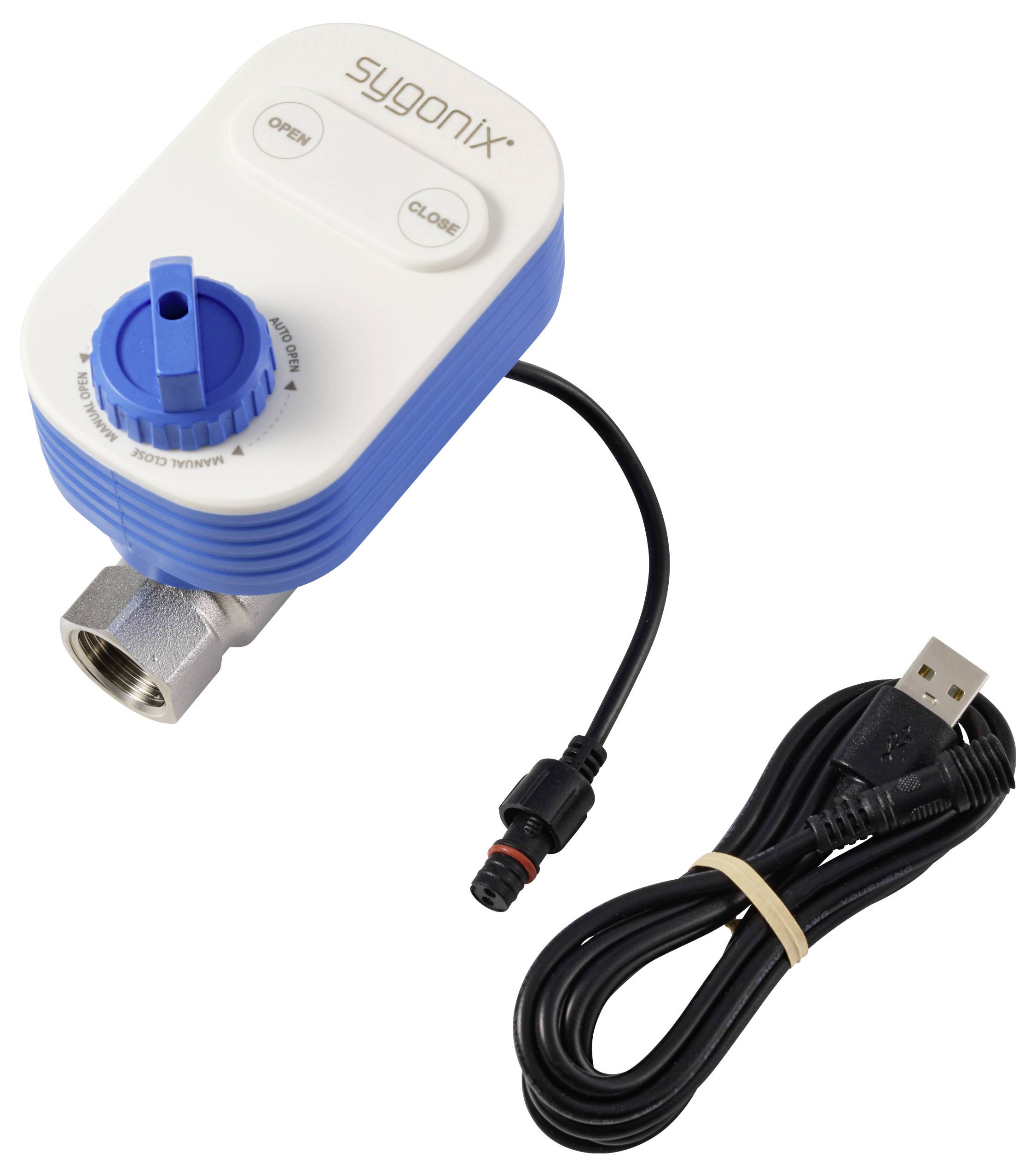 Vanne de fermeture motorisée montrant un dispositif bleu et blanc avec des boutons étiquetés « Ouvert » et « Fermé », et un câble USB connecté.