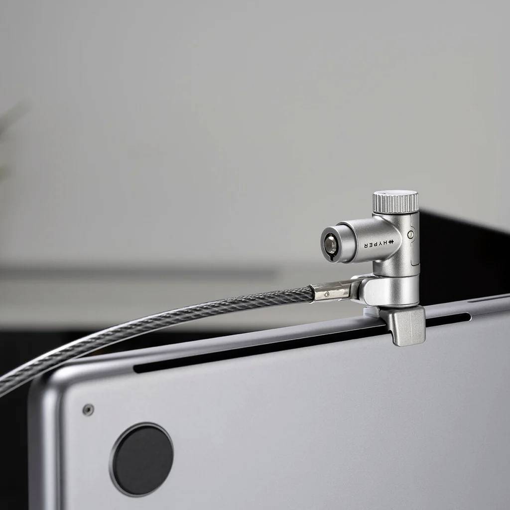 Un câble de sécurité en argent est attaché au coin d'un ordinateur portable, le sécurisant pour prévenir le vol. Le verrou est monté sur une surface en bois.