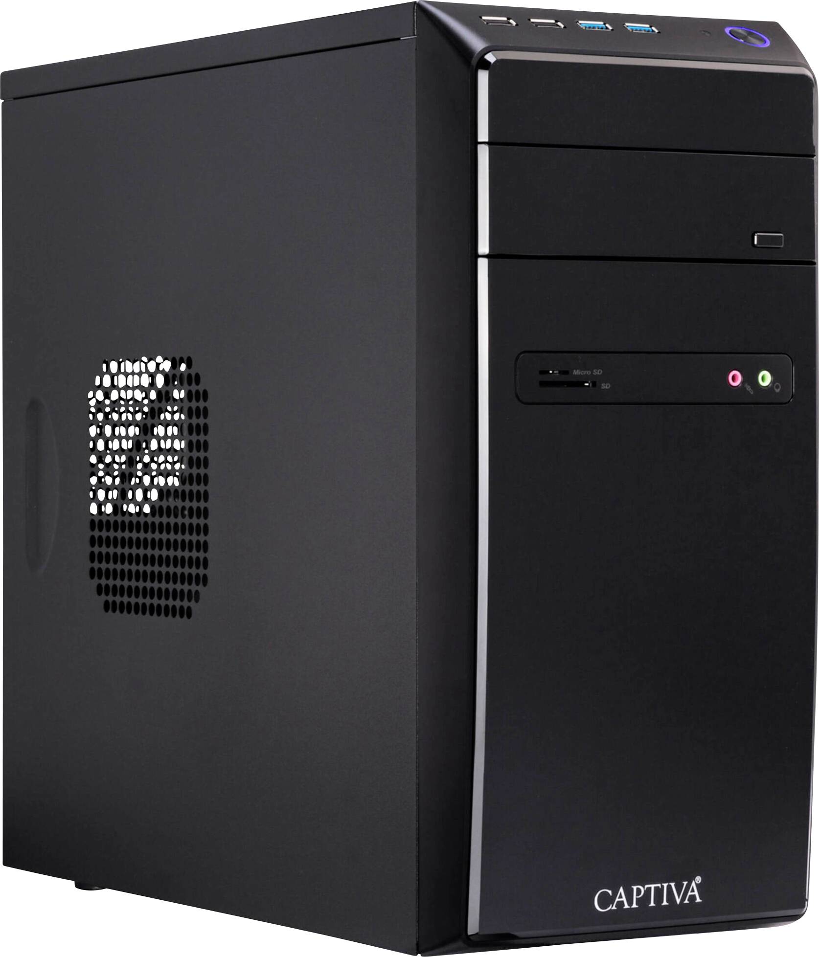 Une tour d'ordinateur de bureau noire avec des ports USB, un port HDMI et une prise casque, portant l'étiquette « CAPTIVA » sur le panneau avant inférieur.