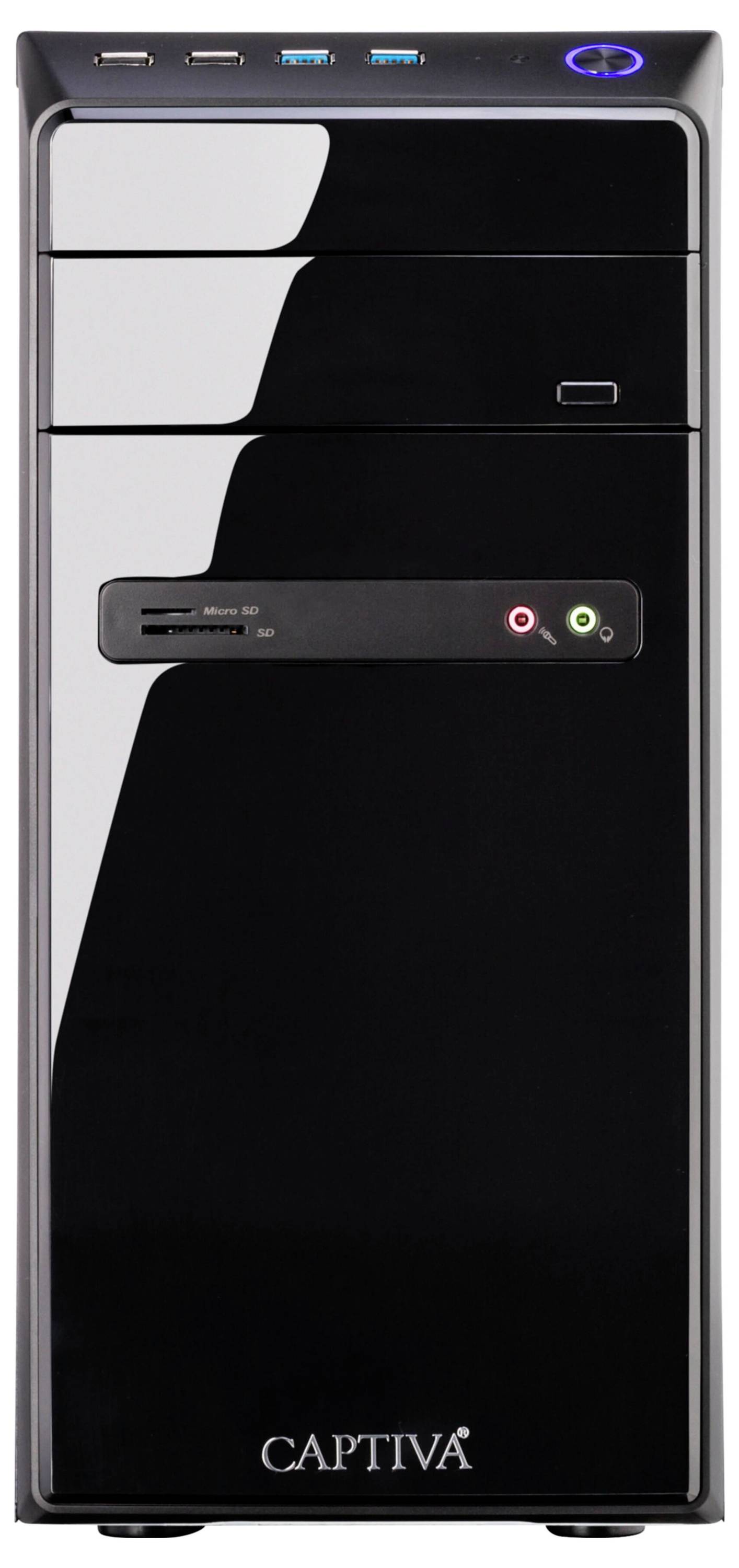 Une tour d'ordinateur noir élégante avec des ports USB, un bouton d'alimentation et un lecteur de cartes média sur le panneau avant, portant l'étiquette « Captiva ».