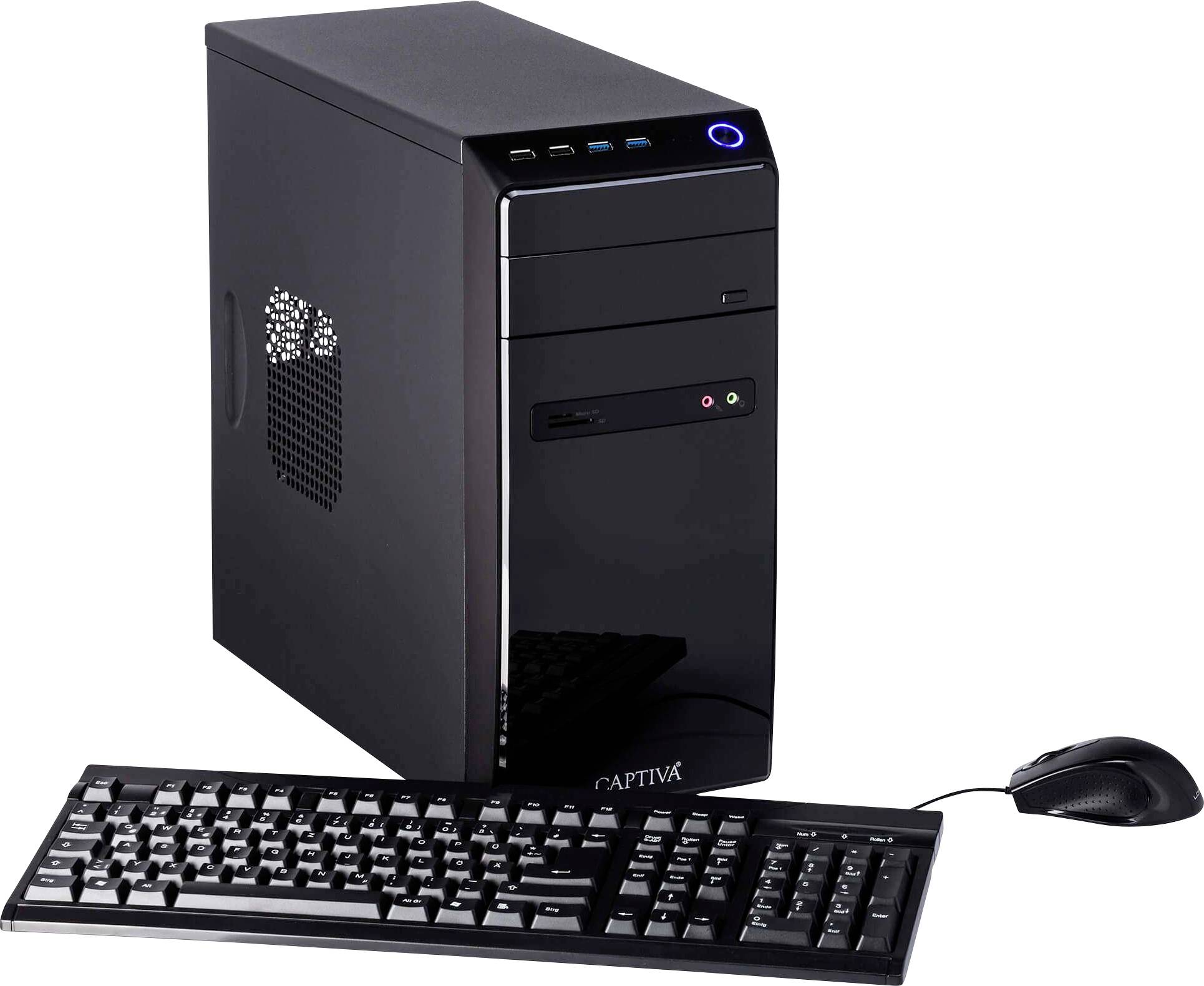 Une tour d'ordinateur de bureau noir avec un clavier et une souris, présentant des ports USB et un lecteur CD/DVD, posée sur un fond blanc.