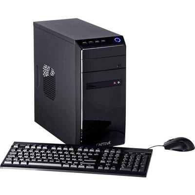 Une tour d'ordinateur de bureau noir avec un clavier et une souris, présentant des ports USB et un lecteur CD/DVD, posée sur un fond blanc.
