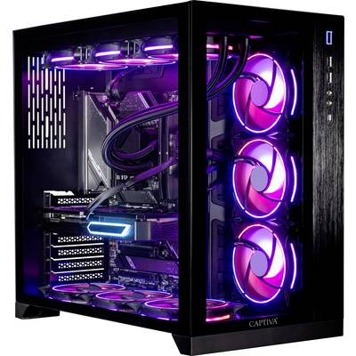 Un boîtier d'ordinateur gaming avec un panneau latéral transparent révélant les composants internes, incluant des ventilateurs de refroidissement éclairés par des lumières LED roses et violettes.
