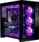 Un boîtier d'ordinateur gaming avec un panneau latéral transparent révélant les composants internes, incluant des ventilateurs de refroidissement éclairés par des lumières LED roses et violettes.