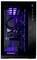 Un boîtier PC noir transparent mettant en valeur les composants internes et des ventilateurs éclairés par LED en violet et bleu, offrant une esthétique futuriste.