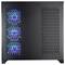 Un boîtier d'ordinateur noir avec trois ventilateurs de refroidissement RGB visibles émettant des lumières colorées, logés derrière un panneau latéral ajouré.