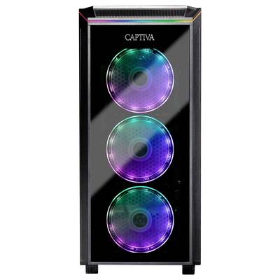 Une tour d'ordinateur avec trois ventilateurs RGB et une façade en verre, étiquetée 'Captiva'.