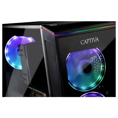 Un boîtier d'ordinateur avec des panneaux latéraux et des ventilateurs LED multicolores et vibrants, portant le nom de marque « Captiva » sur l'avant.
