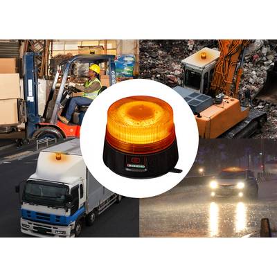 « Gyrophare de sécurité orange » centré, entouré d'images montrant son utilisation : chariot élévateur avec des boîtes, véhicule de construction, camion de livraison et voiture sous la pluie.