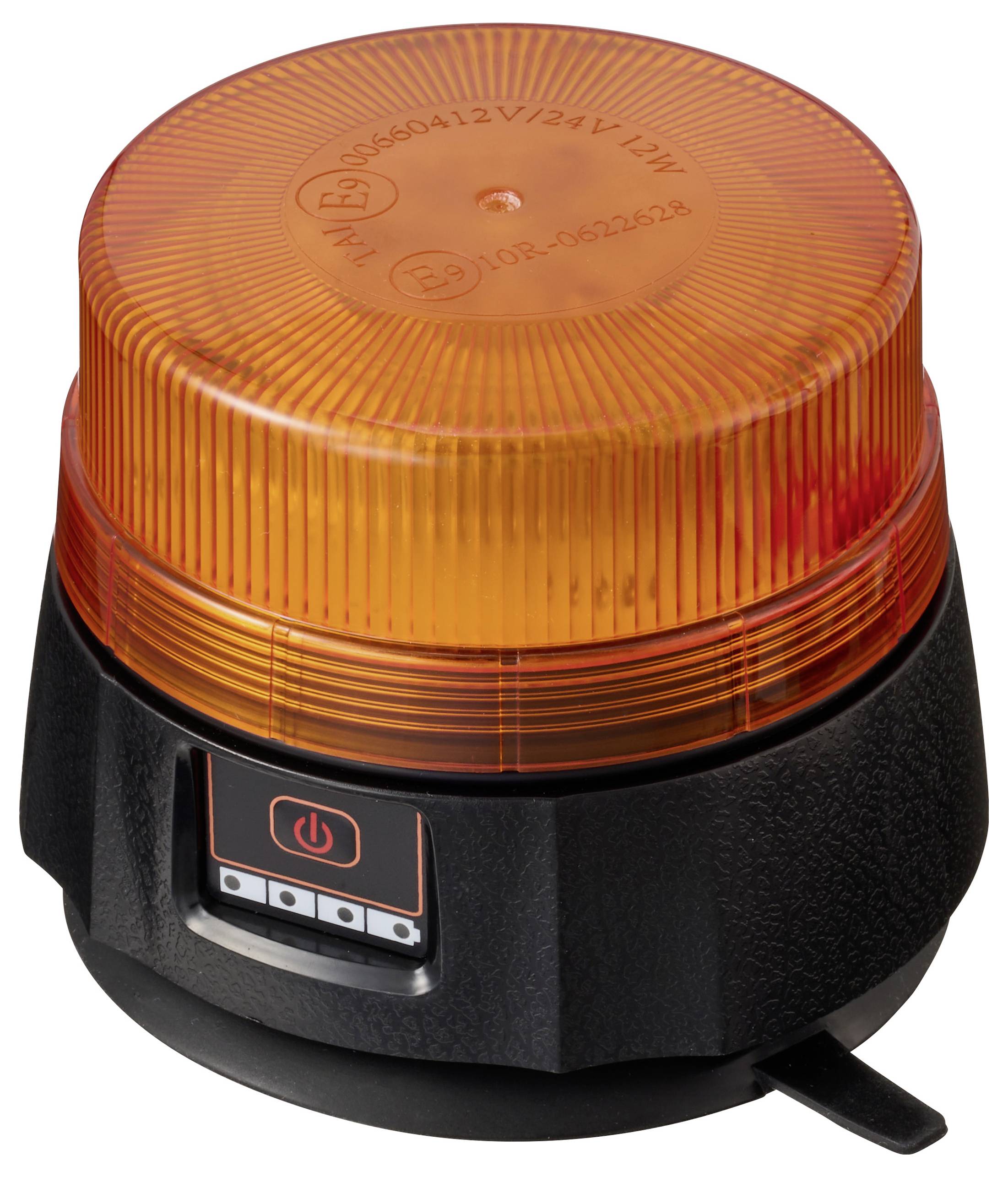 Un feu tournant orange avec un socle noir, doté d'un bouton marche/arrêt et de voyants lumineux, utilisé pour des signaux ou des alertes.