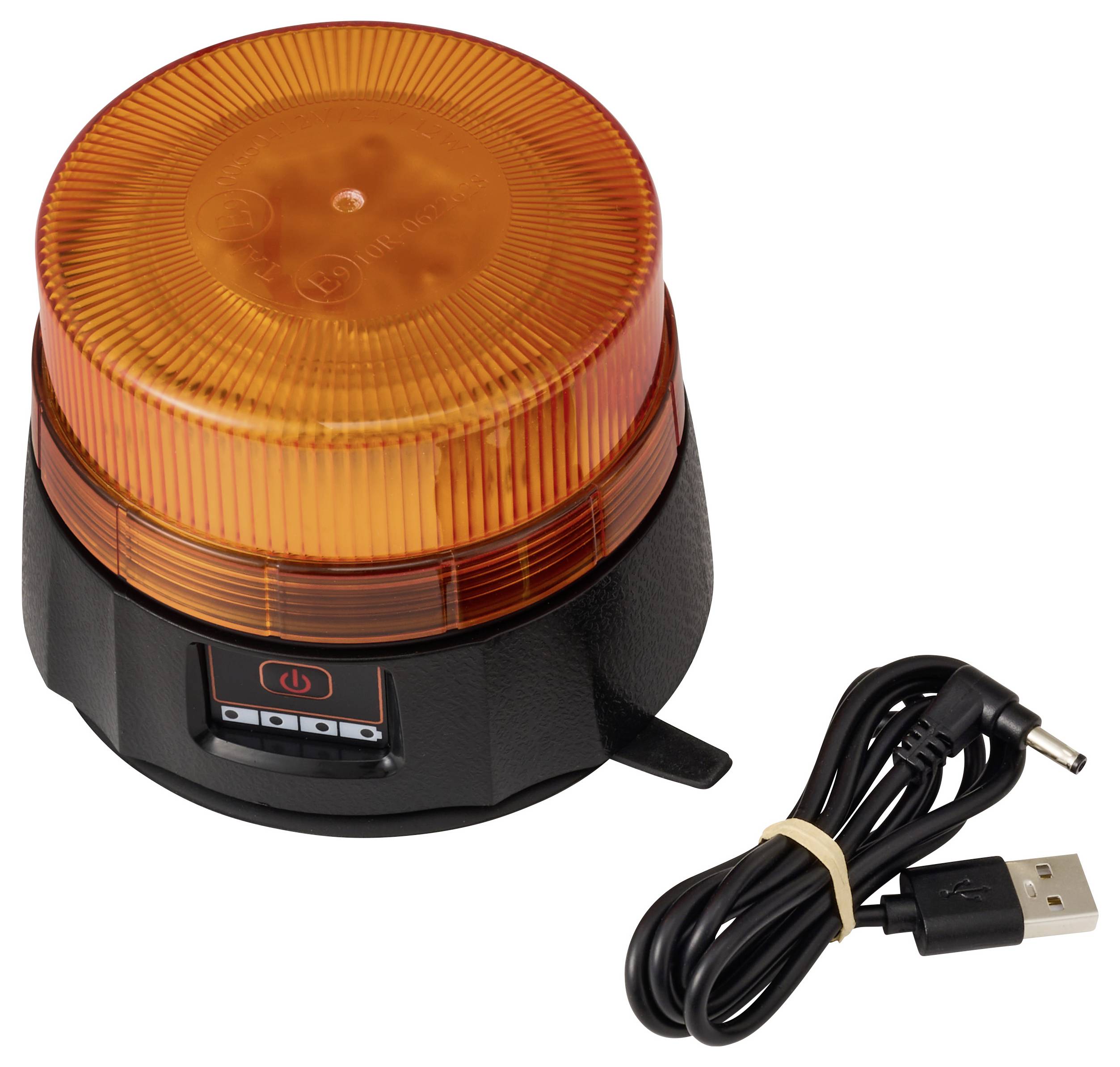 Balise lumineuse orange avec un bouton marche/arrêt et un port de charge, accompagnée d'un câble USB.