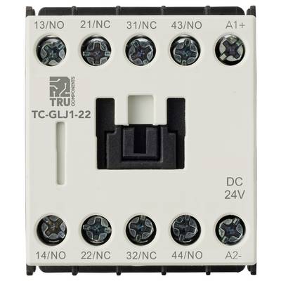 Contacteur électrique avec bornes étiquetées '13/NO', '21/NC', '31/NC', '43/NO', 'A1+', '14/NO', '22/NC', '32/NC', '44/NO', 'A2-'.