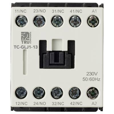 Un contacteur électrique avec huit bornes à vis étiquetées 11/NC, 23/NO, etc., et le texte « 230V 50/60Hz » sur sa surface.
