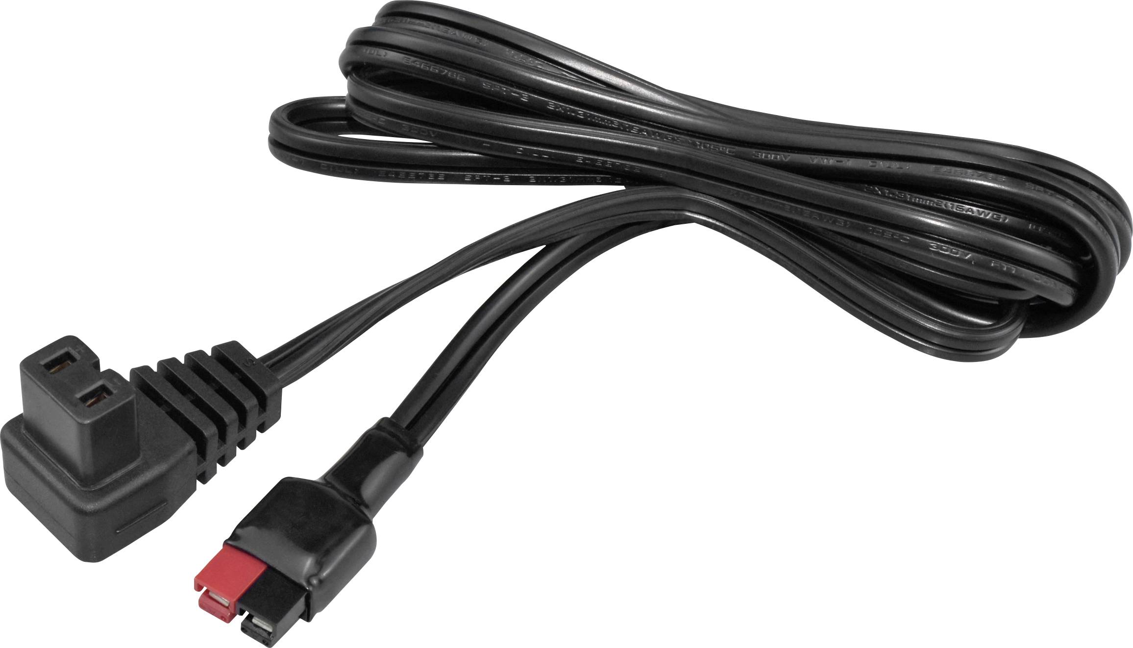 « Un câble d'alimentation noir avec un connecteur à trois broches à une extrémité et un connecteur à clip à l'autre, enroulé de manière lâche. »