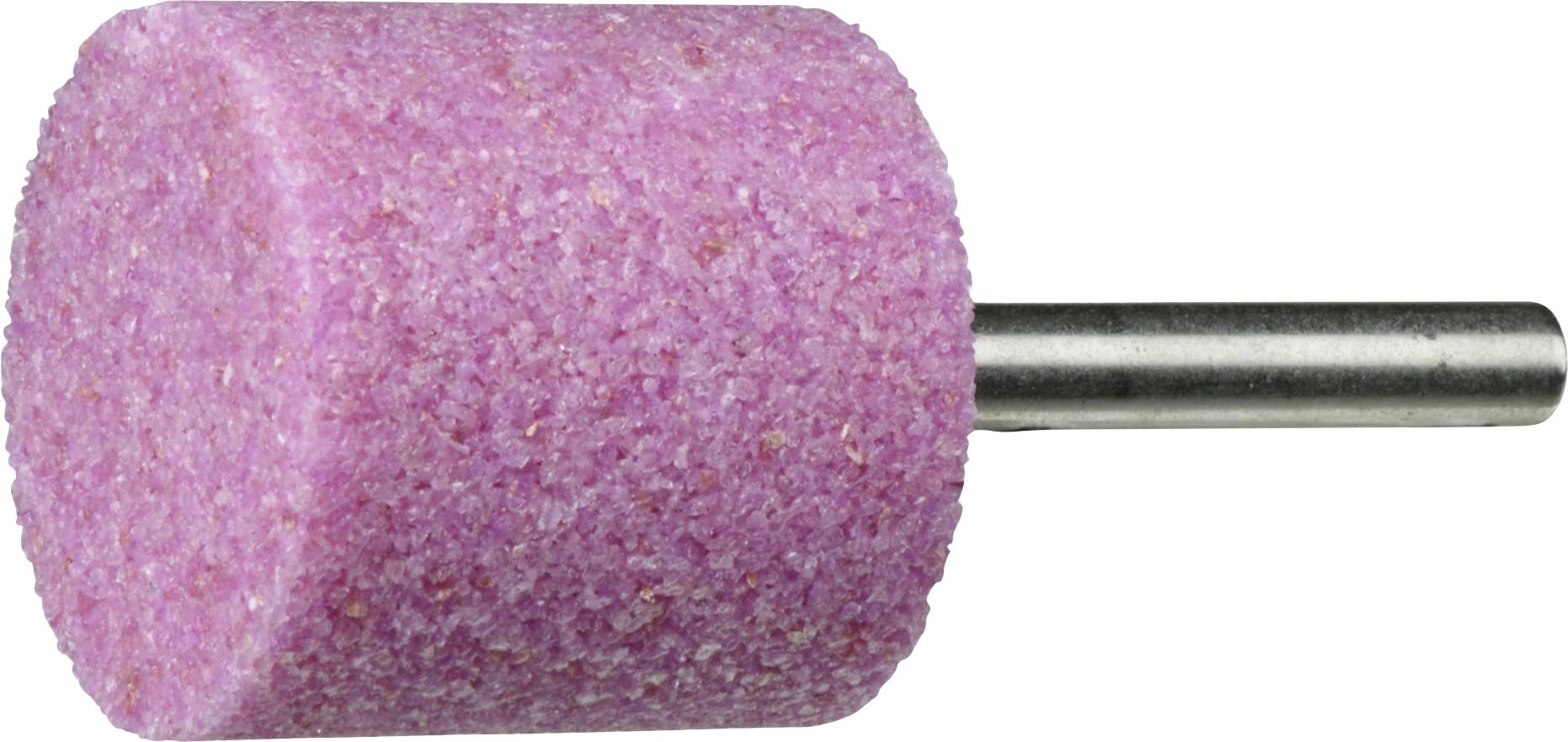 Une meule cylindrique rose avec une tige en métal, utilisée pour façonner ou lisser des surfaces.