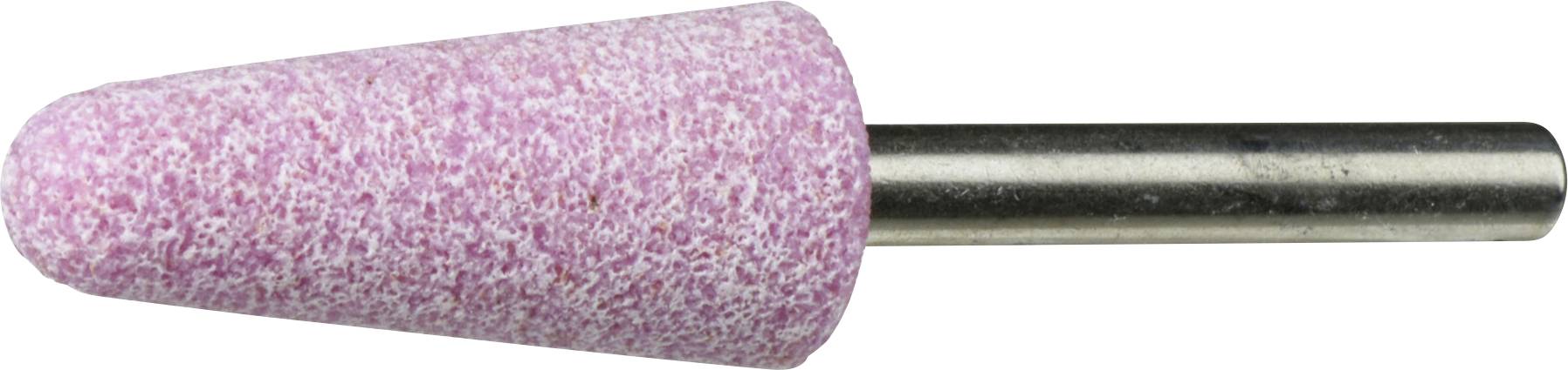Une meule rose avec une tige en métal utilisée pour lisser ou façonner des surfaces.
