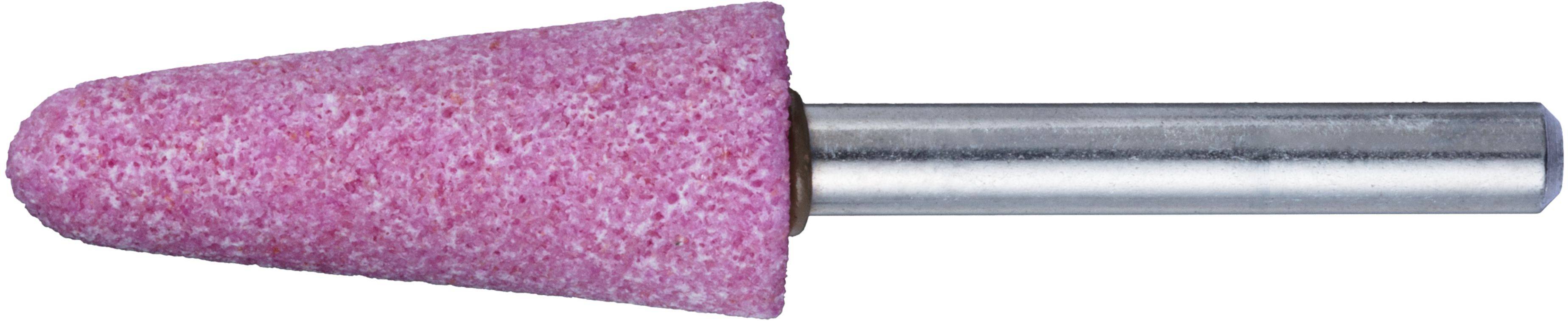 Pierre de meulage conique rose avec tige métallique, utilisée pour façonner ou lisser des surfaces.