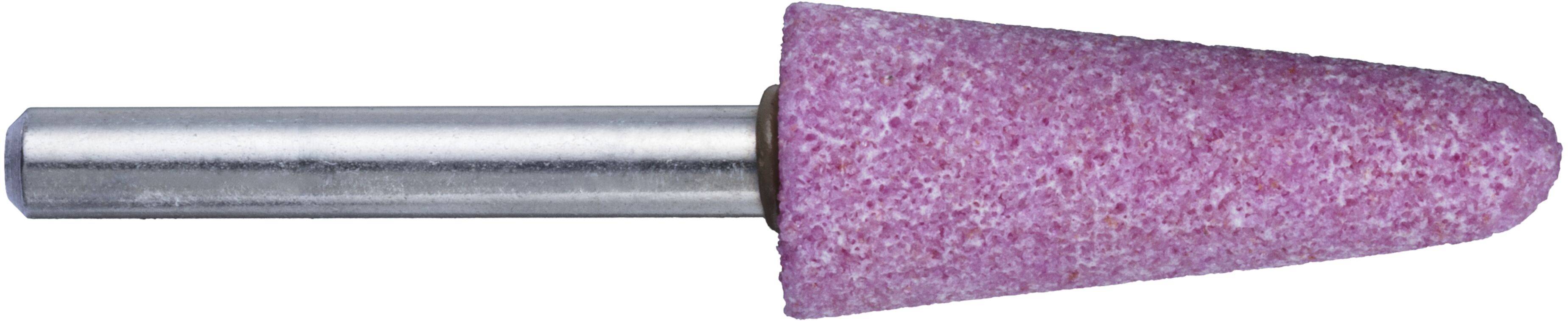 Une pierre à meuler conique rose avec une tige métallique cylindrique.