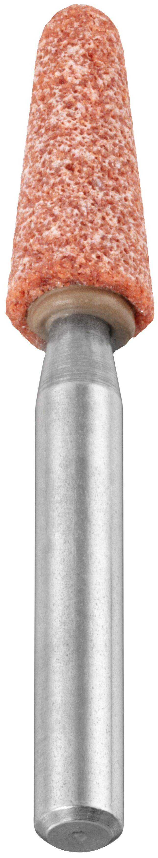 Un outil cylindrique en métal pourvu d'une pointe conique orange abrasive, utilisé pour meuler ou façonner des matériaux.