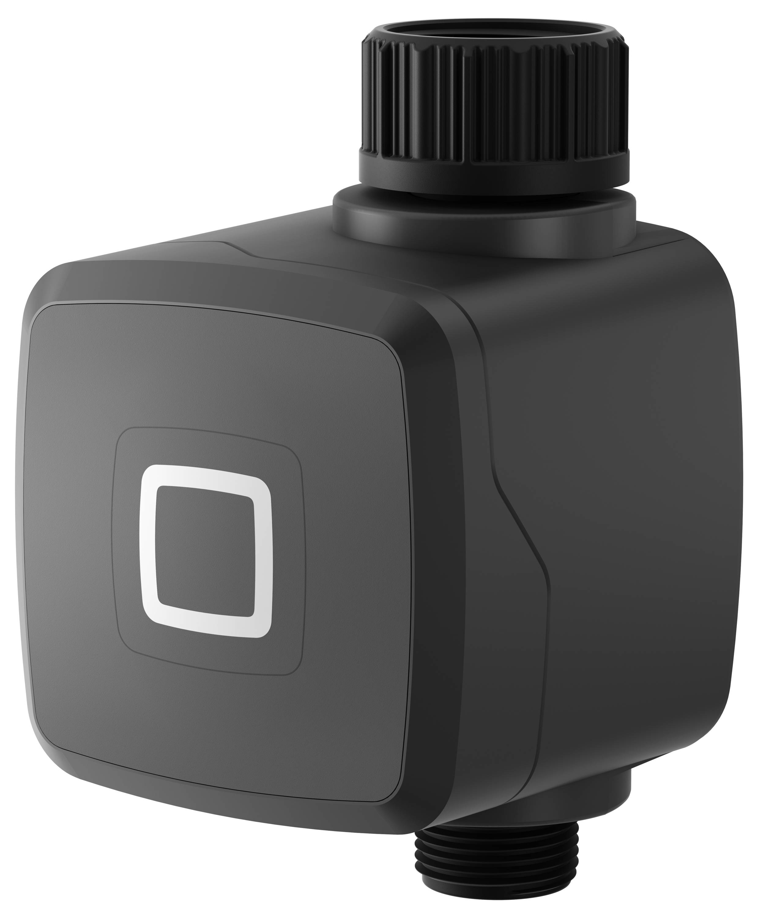 Un dispositif électronique compact, noir, de forme cubique, avec un indicateur central carré et une fixation en forme de vis sur le dessus, probablement un capteur.