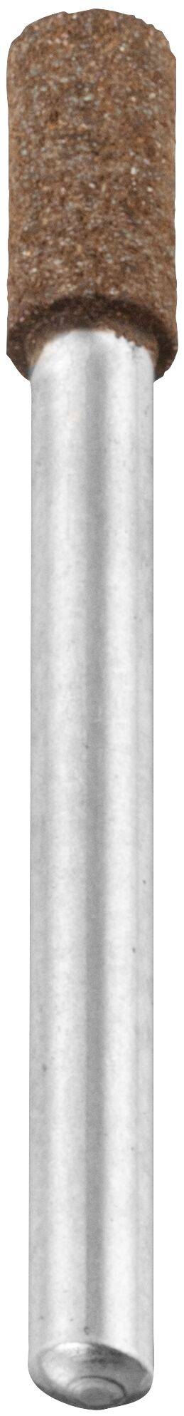 Une meule cylindrique montée sur un axe métallique, utilisée pour affûter ou façonner des outils, présentée sur un fond blanc uni.