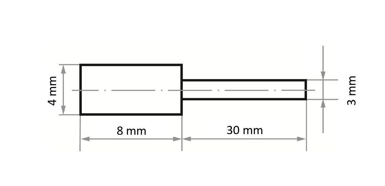 Un schéma technique d'une tige rectangulaire. Segment de gauche : 8 mm de long, 4 mm de large. Segment de droite : 30 mm de long, 3 mm de large.
